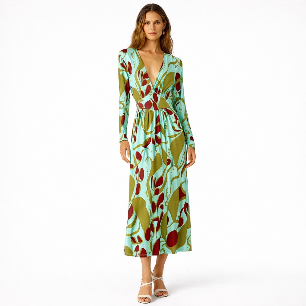 Mara Hoffman Vintage Deep V-Neck Long Sleeve Silk Maxi Dress - Abstract - Medium